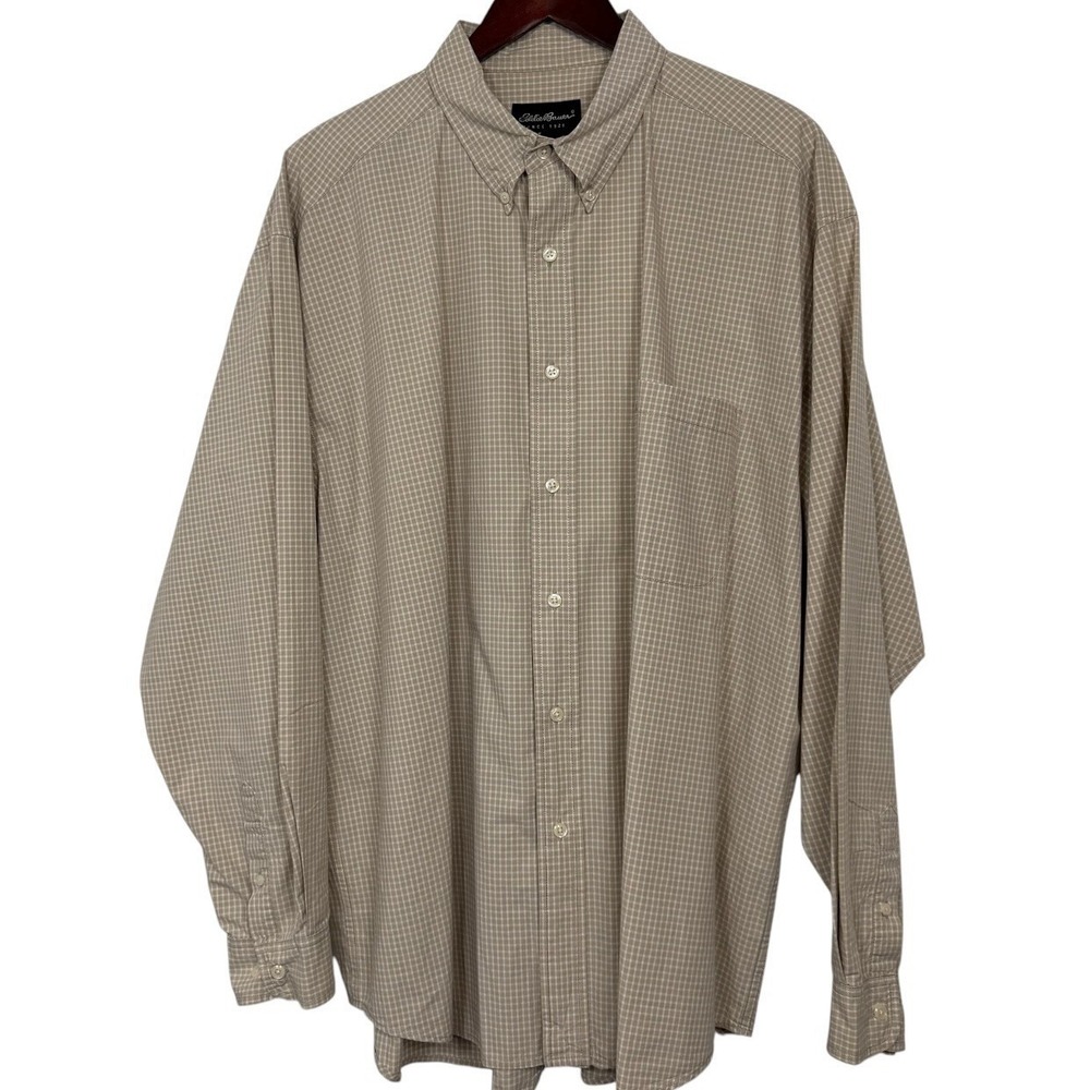 Eddie Bauer Shirt Mens XL Beige Check Button Down Long Sleeve 100% Cotton